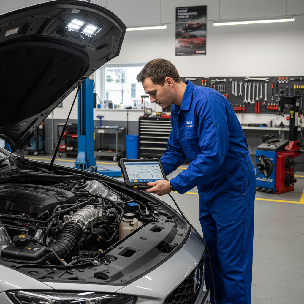 Technician performing engine diagnostics