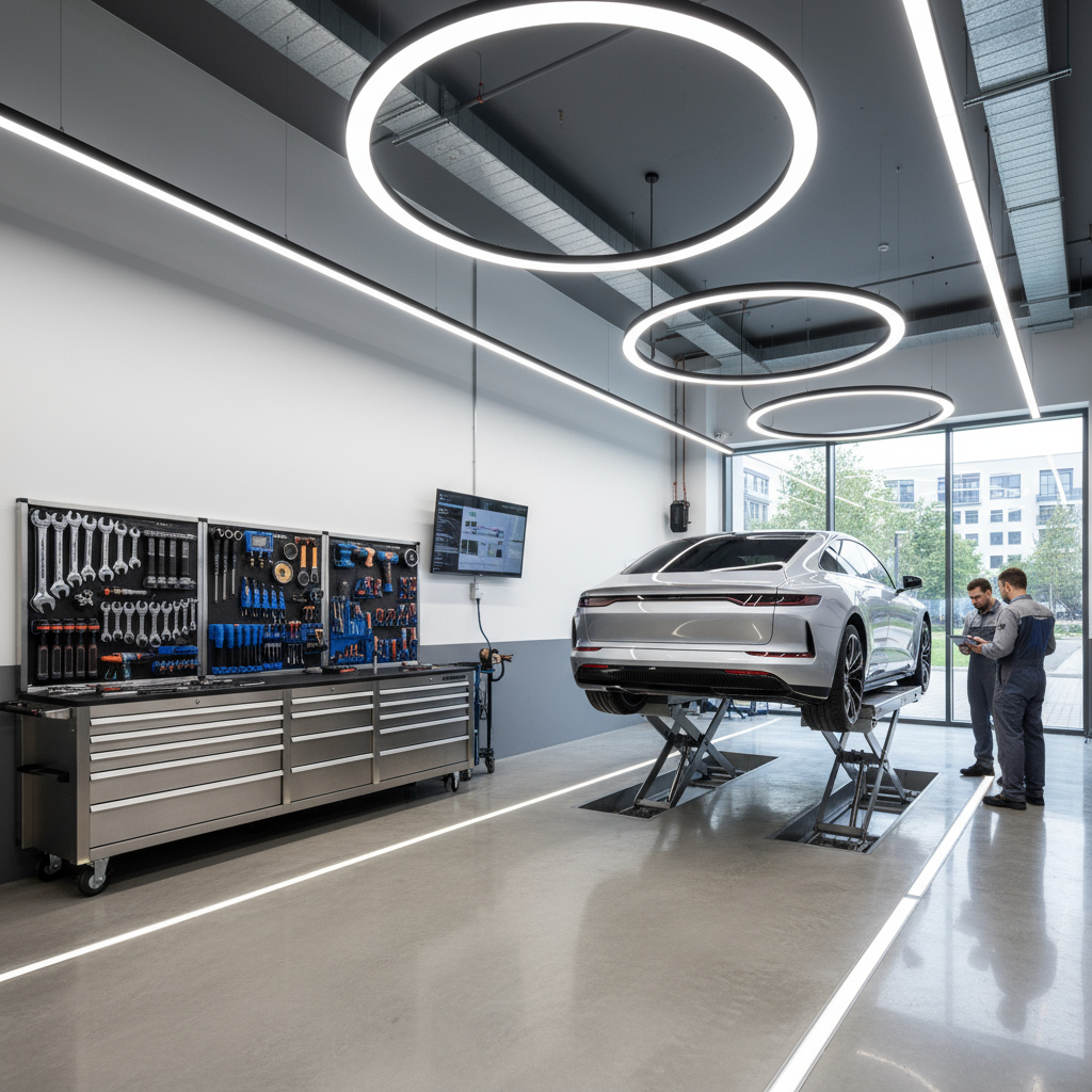 Modern auto repair shop interior with a car on a lift